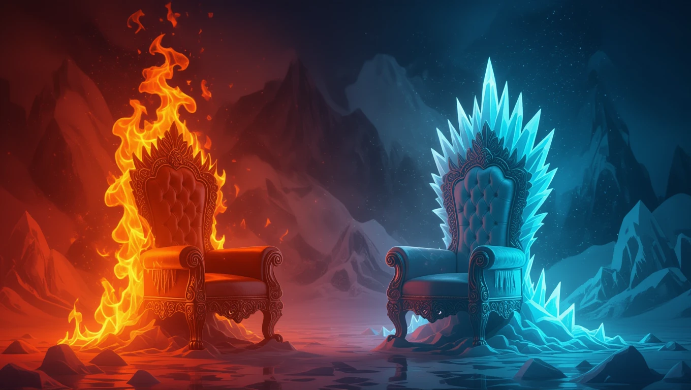 Imaginea prezintă două tronuri opuse, unul din flăcări și altul din gheață, simbolizând puterea și dualitatea.