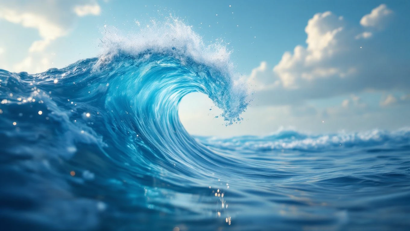 O mare azurie cu valuri strălucitoare, simbolizând pacea și claritatea gândurilor.