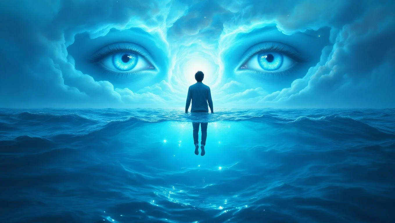Un bărbat stă în apă, privind spre un cer albastru cu ochi mari, simbolizând emoții profunde și transformări.