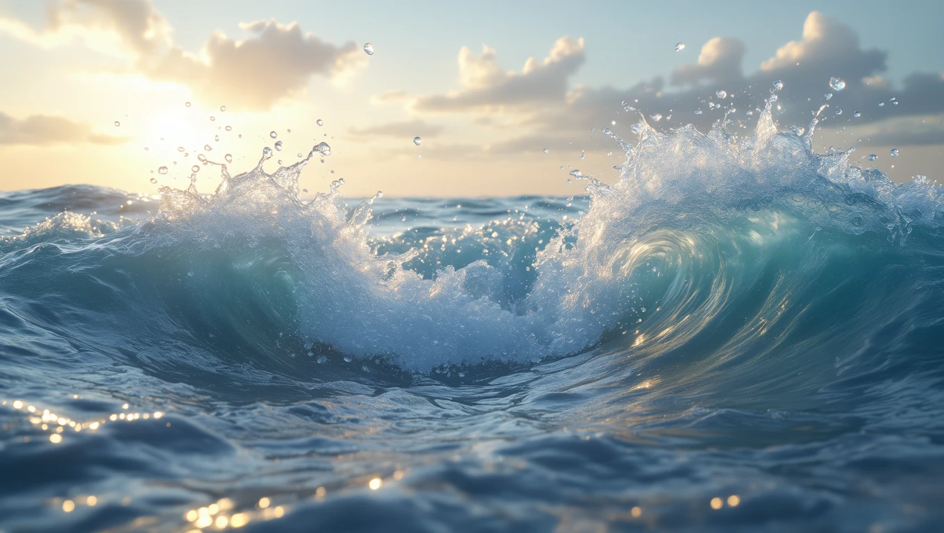 Valuri care se sparg la mal, reflectând lumina soarelui și simbolizând emoții intense.