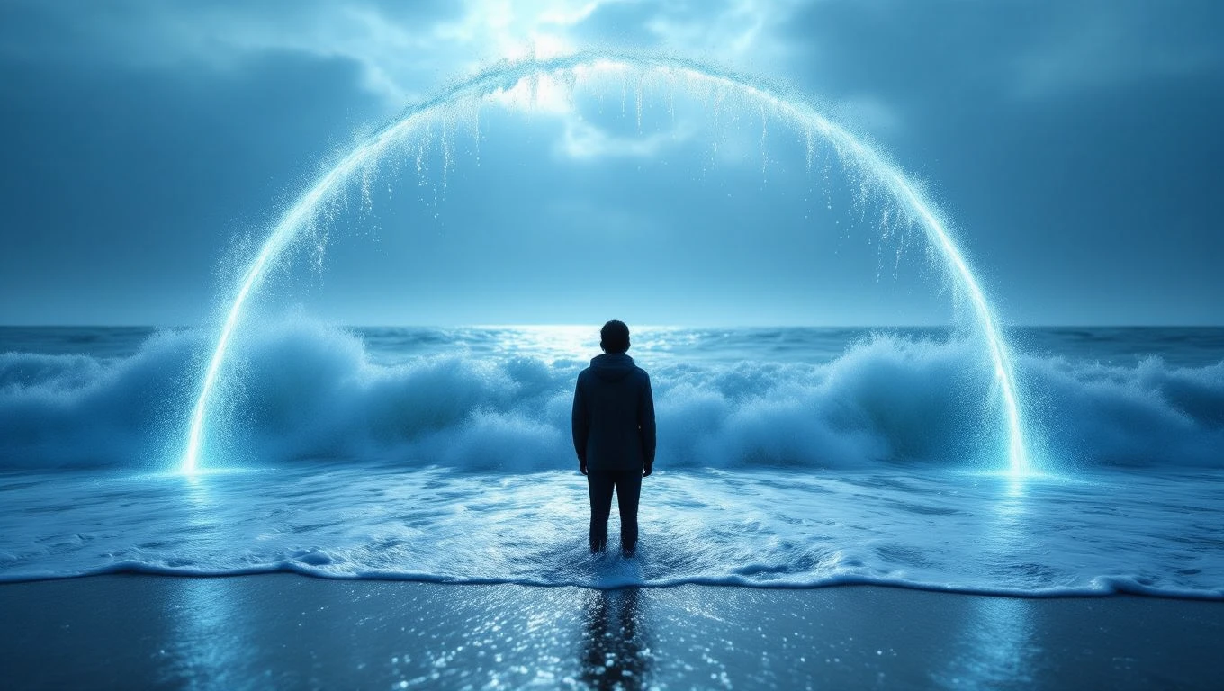 O persoană stă pe plajă, privind valurile care se sparg la țărm, simbolizând emoții intense și transformări.