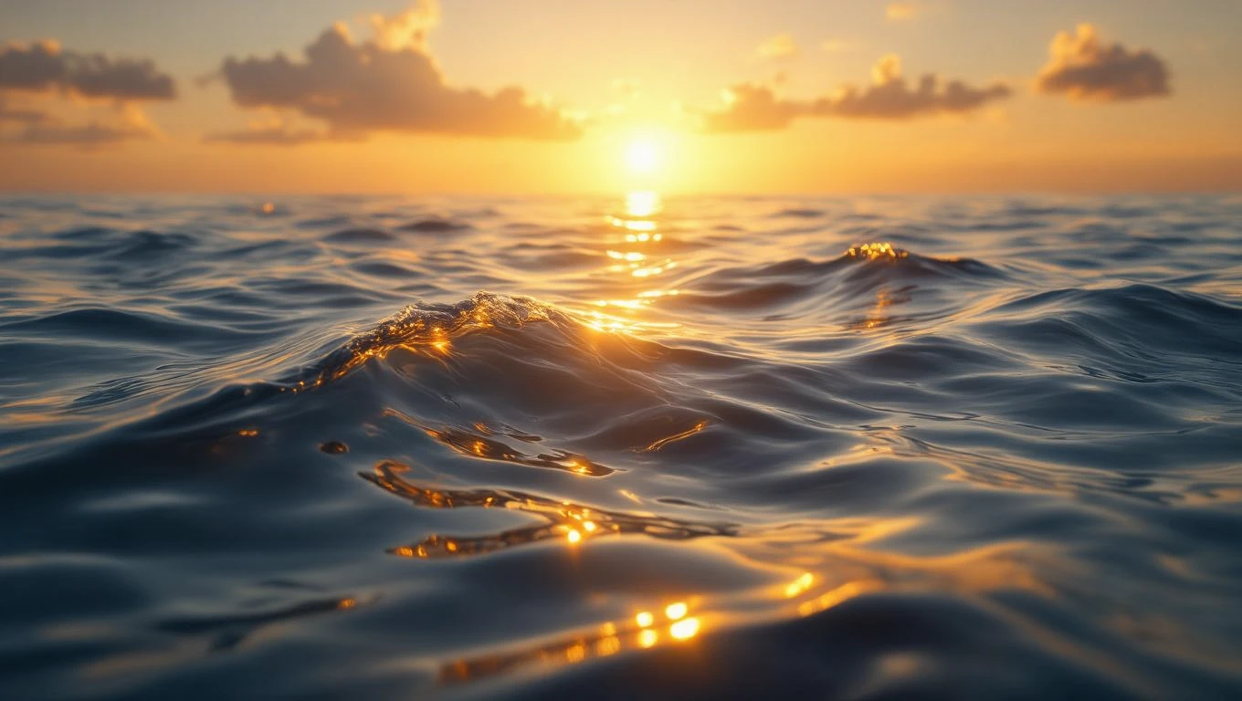 Valuri blânde reflectând lumina soarelui la apus, simbolizând emoții profunde și transformări interioare.