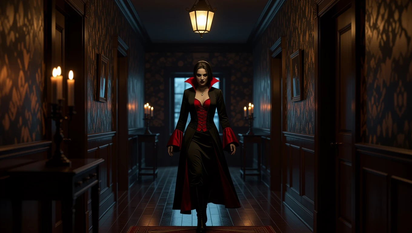 O vampiră elegantă, îmbrăcată în negru și roșu, pășește pe un hol întunecat, iluminat de lumânări.