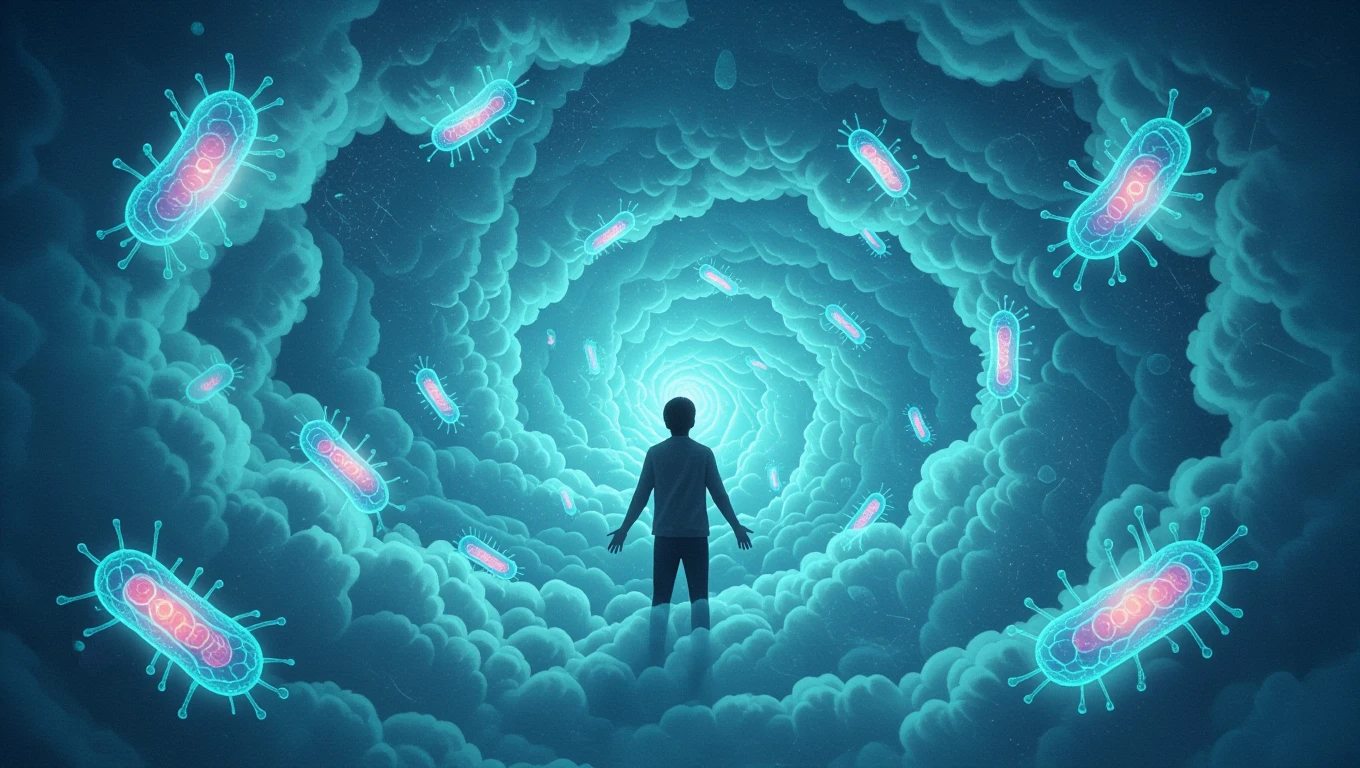 O siluetă umană se află într-un mediu oniric, înconjurată de bacterii colorate, simbolizând curățarea emoțională.