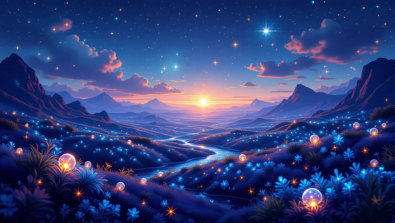 Peisaj nocturn cu munți, flori strălucitoare și un râu care curge, simbolizând transformarea și curățarea interioară.