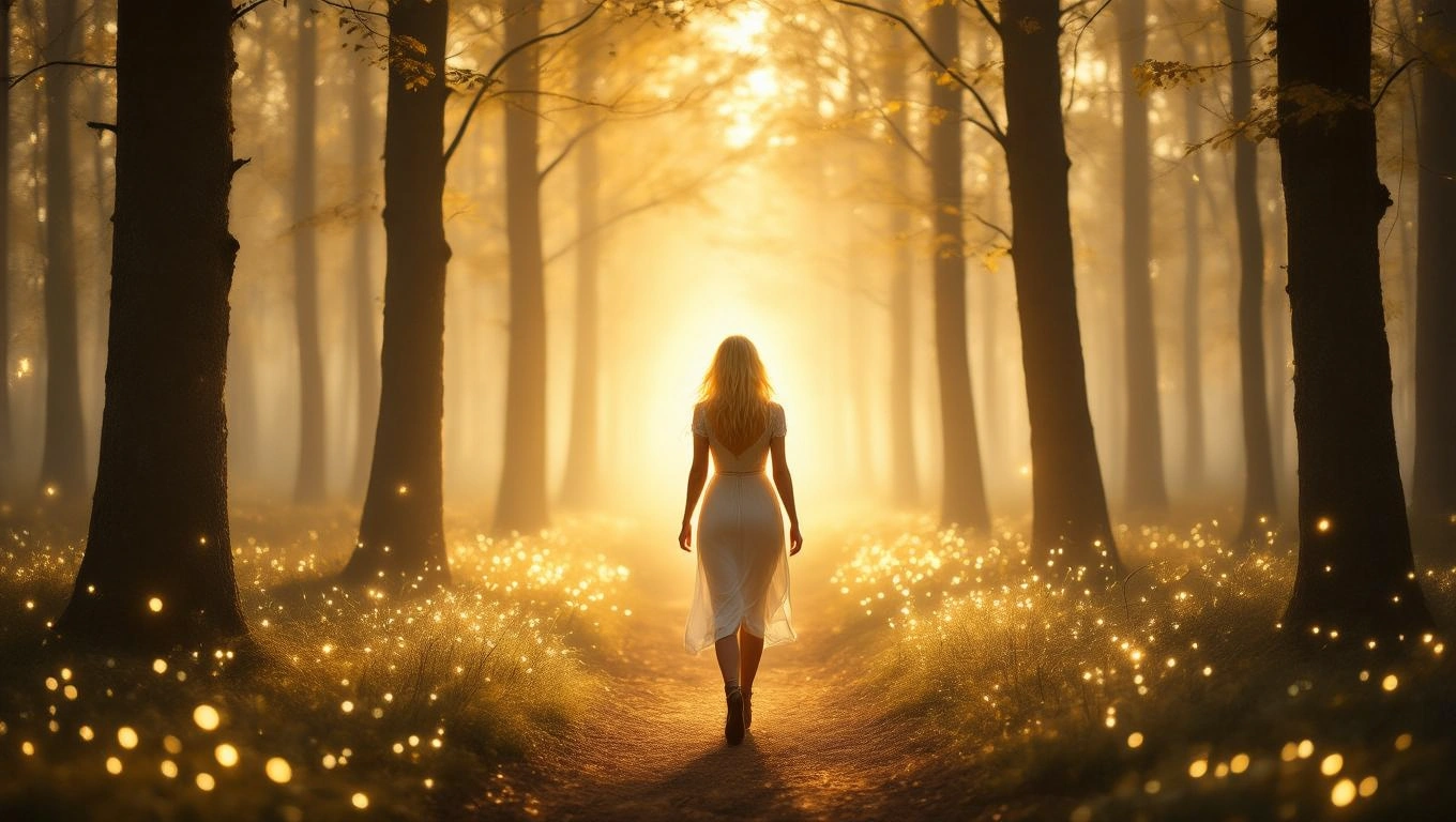 O femeie blondă îmbrăcată în alb, mergând pe un drum luminos într-o pădure, simbolizând începuturi noi și inspirație.