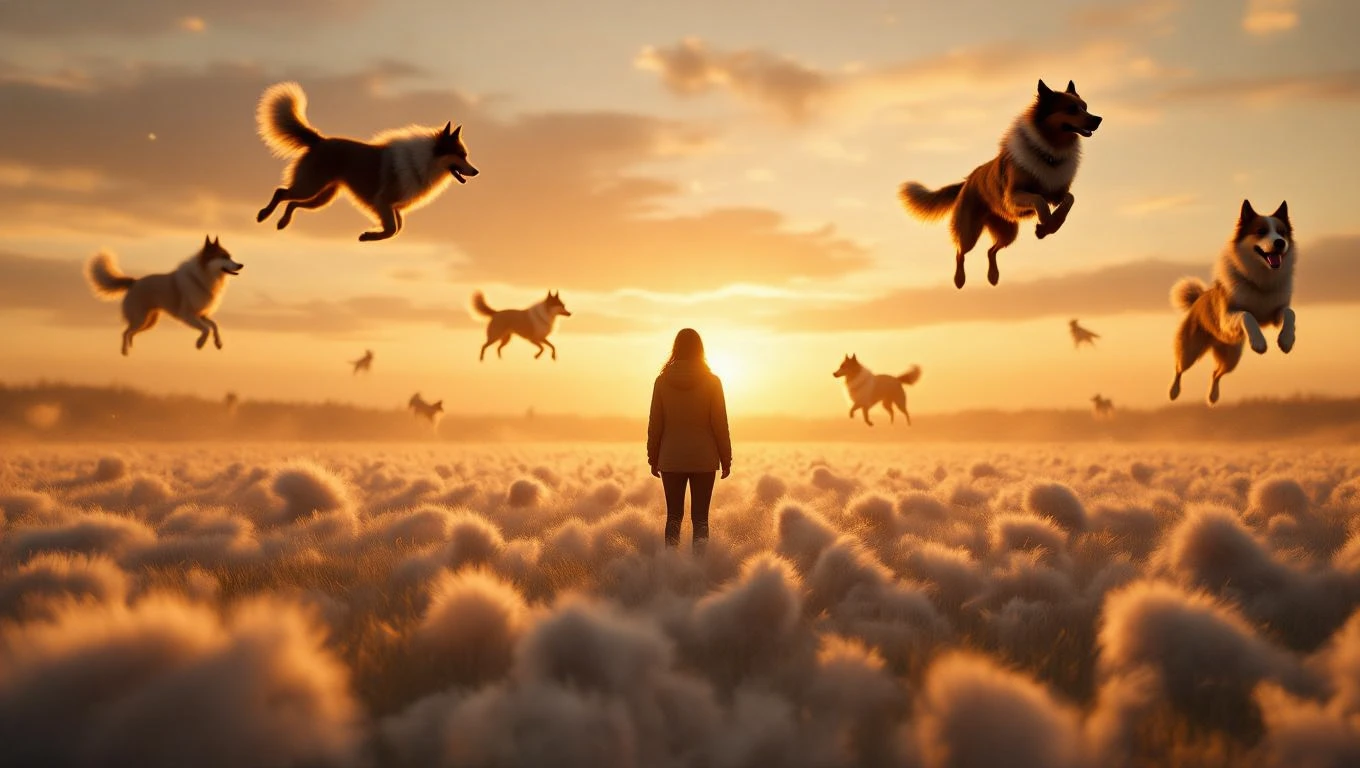 O femeie stă pe un câmp plin de flori pufoase, înconjurată de câini care zboară în aer, simbolizând libertatea și loialitatea.