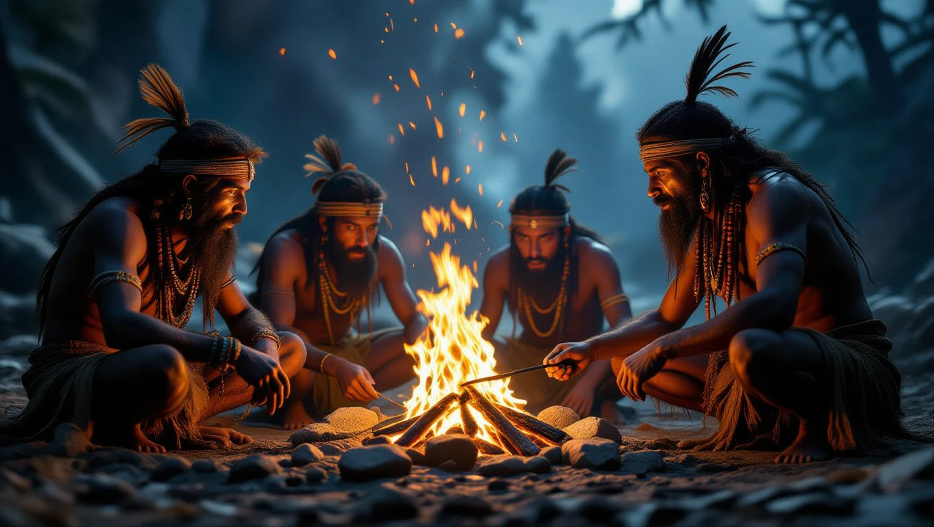 Cinci bărbați preistorici stau în jurul unui foc, concentrându-se pe flăcări, înconjurați de natură.