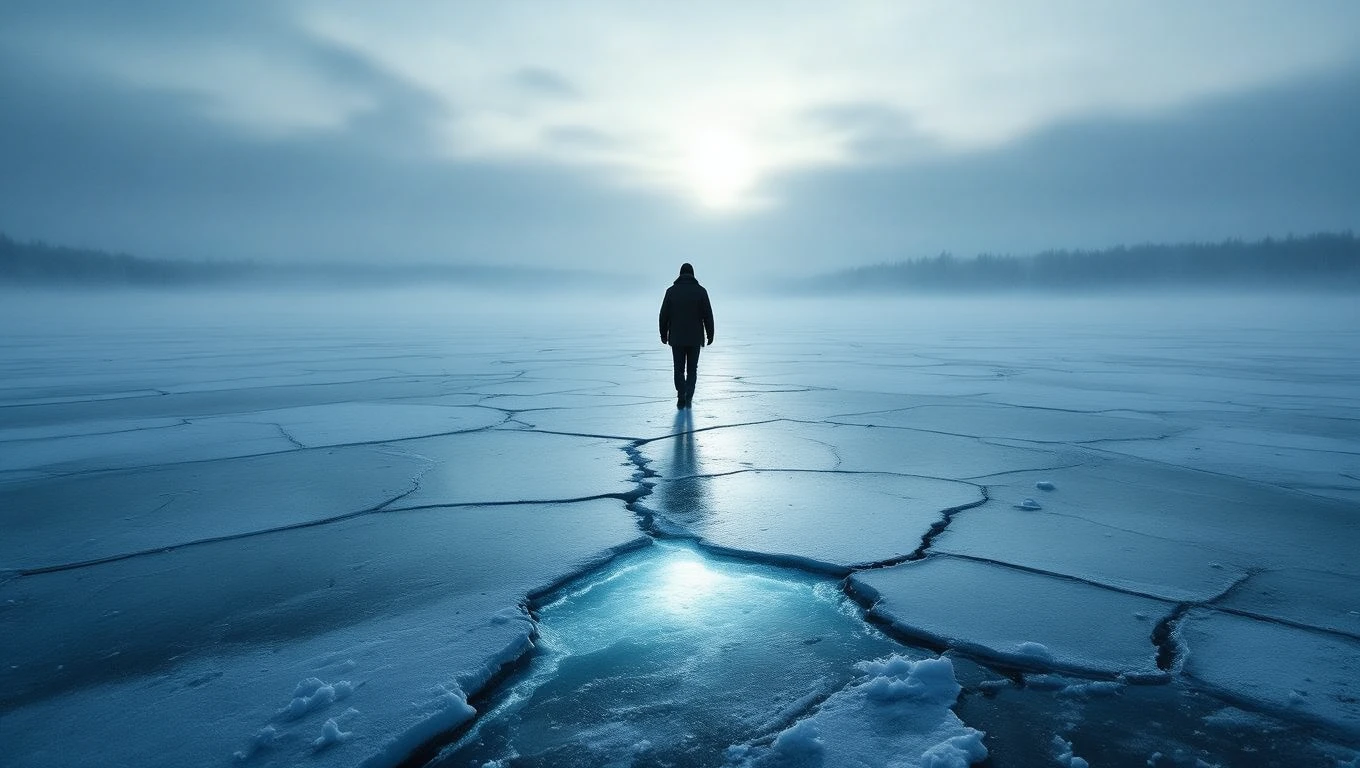 O persoană solitară merge pe un lac înghețat, cu crăpături vizibile în gheață, sub un cer întunecat și misterioasă.