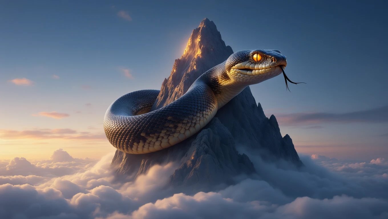 O viperă cu solzi strălucitori se află pe un vârf de munte, înconjurată de nori, simbolizând temerile ascunse din vise.
