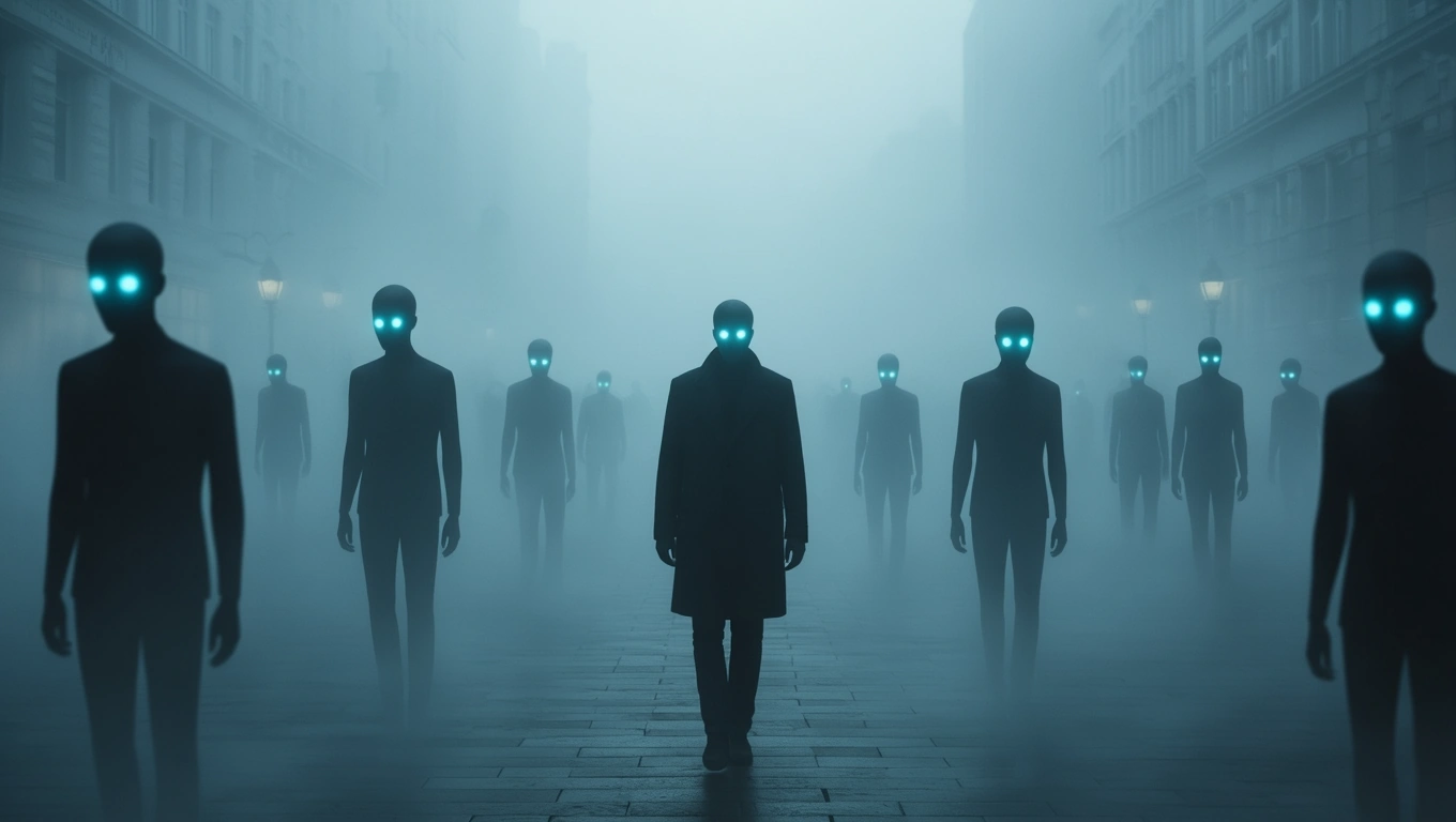 O scenă misterioasă cu siluete umane învăluite în ceață, având ochi strălucitori, simbolizând frici și transformări interioare.