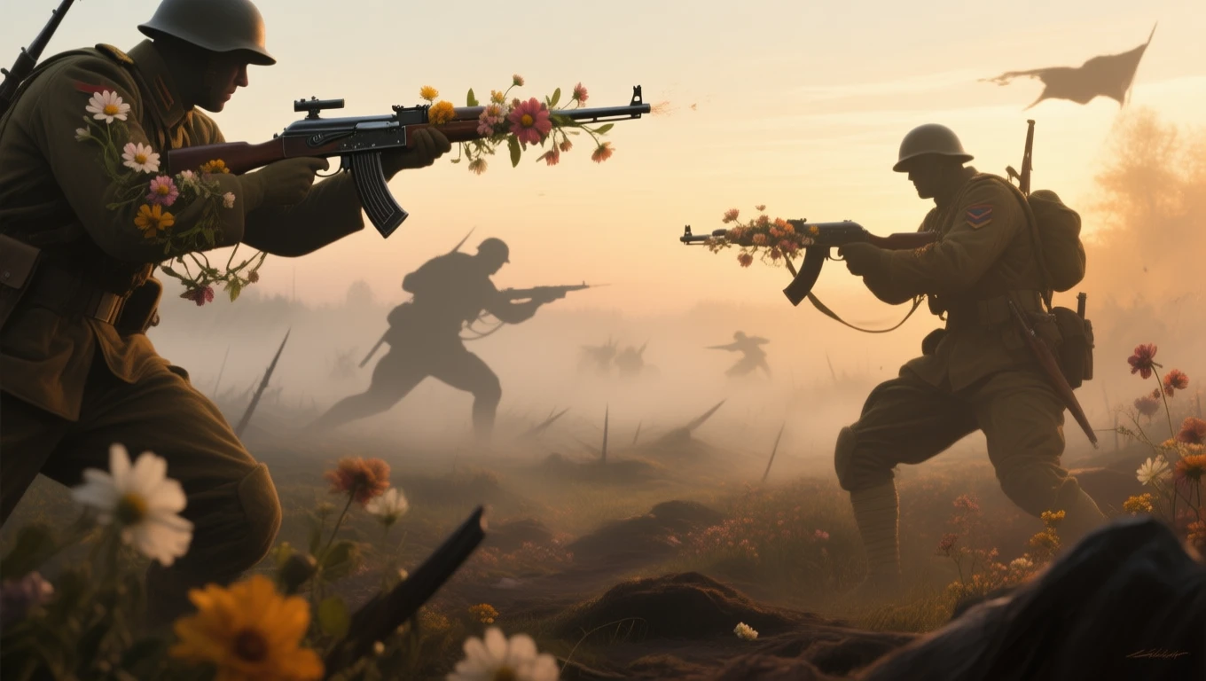 Soldați în tranșee, flori pe arme, simbolizând conflicte interioare și curaj.