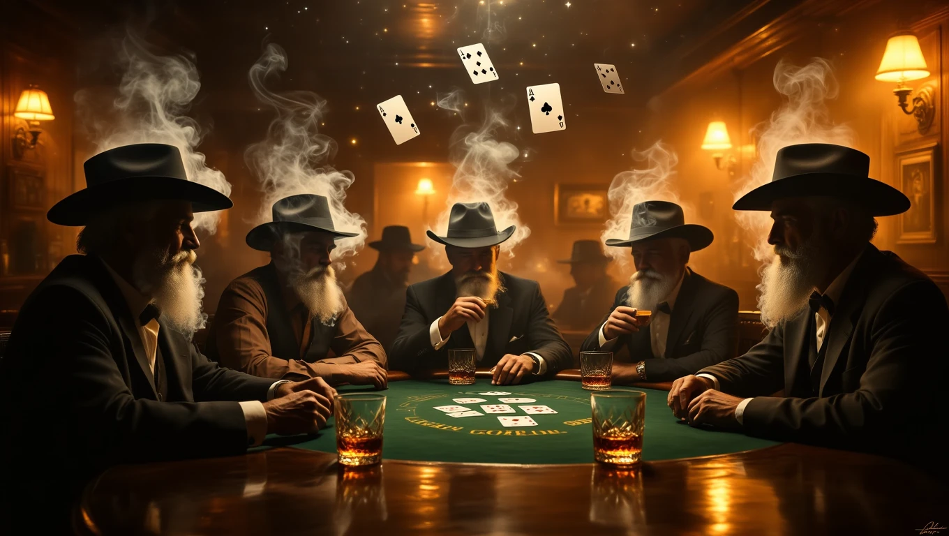 Cinci bărbați cu pălării, jucând poker într-un bar din Vestul Sălbatic, cu fum de țigară și cărți zburând.