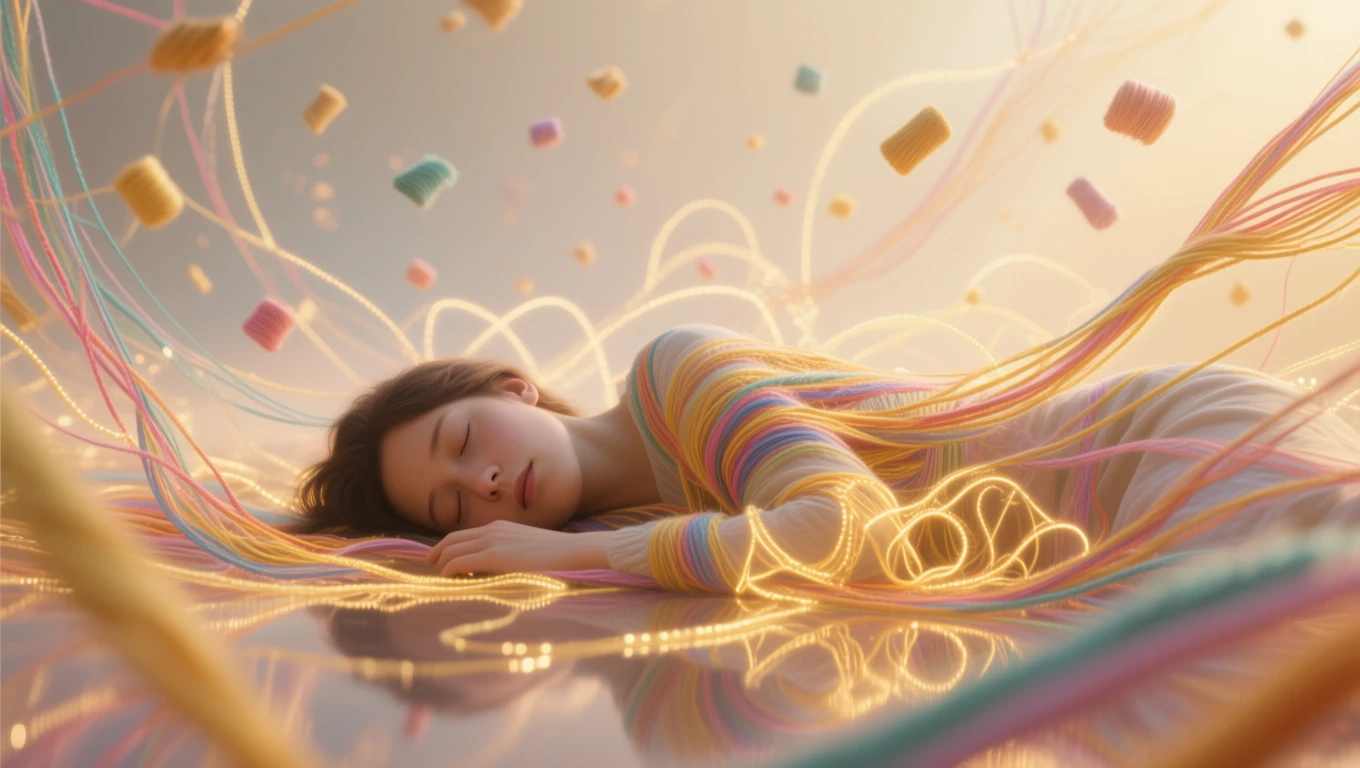 O tânără doarme pe un fundal de ață colorată, simbolizând conexiuni și creativitate în vise.