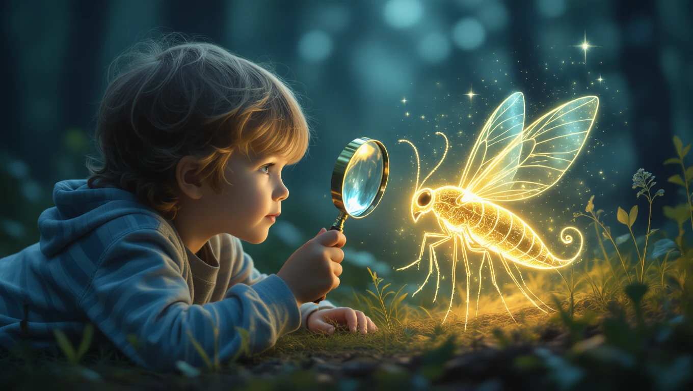 Un copil cu părul creț, așezat pe iarbă, examinează atent o insectă strălucitoare cu o lupă.