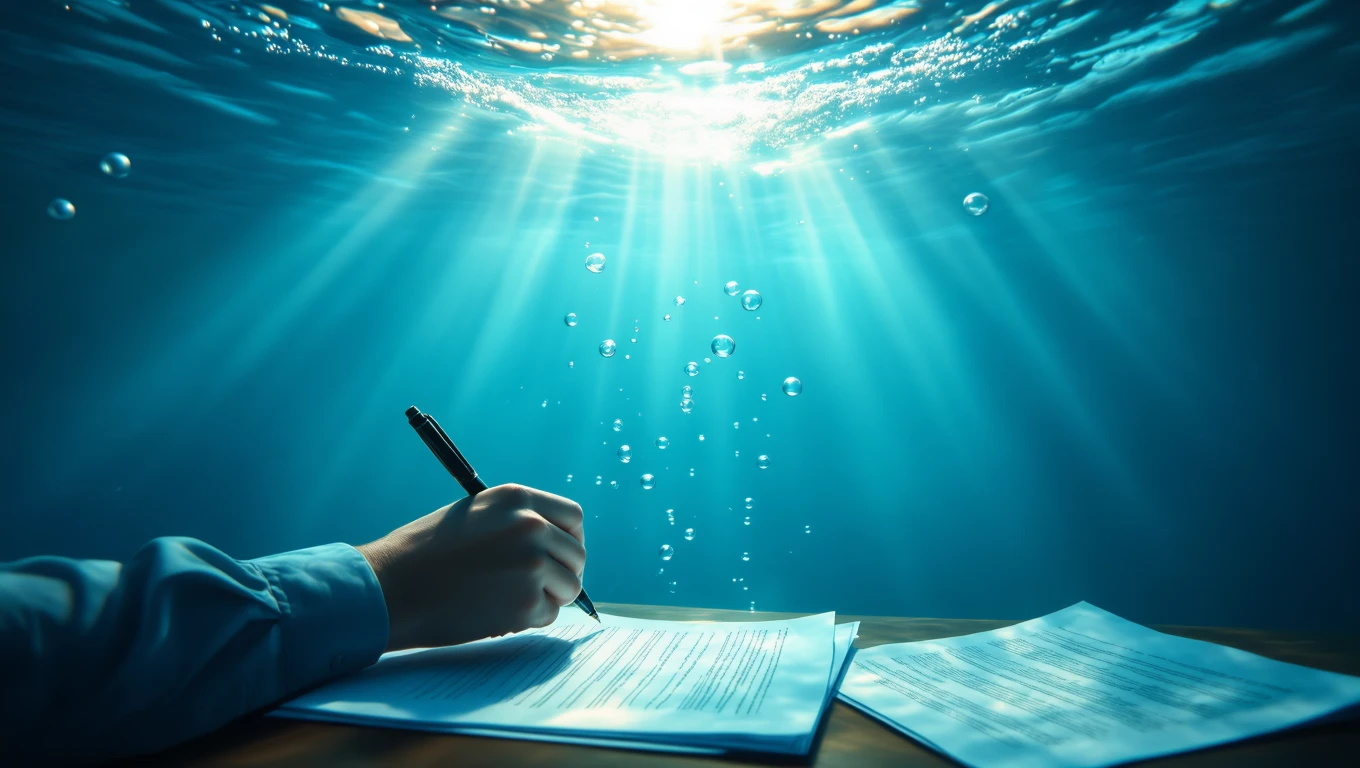 O mână scriind pe foi de examen sub apă, cu bule de aer în jur, simbolizând provocările și testele vieții.