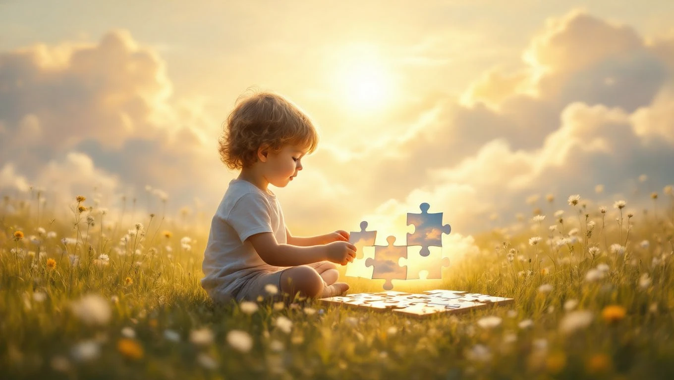 Un copil stă pe iarbă, jucându-se cu piese de puzzle sub un cer luminos.