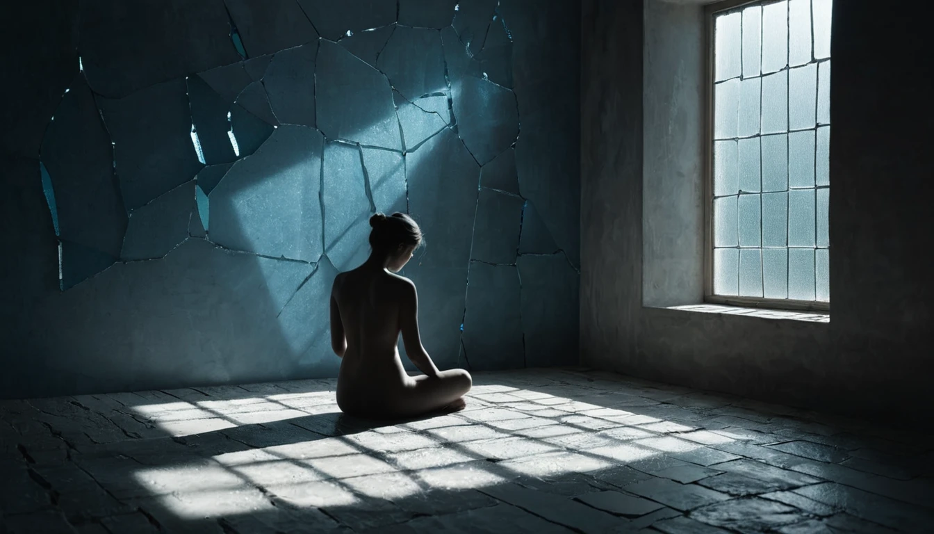 O siluetă feminină stând în poziție meditativă într-o cameră cu pereți crăpați, iluminată de razele soarelui ce intră printr-o fereastră.