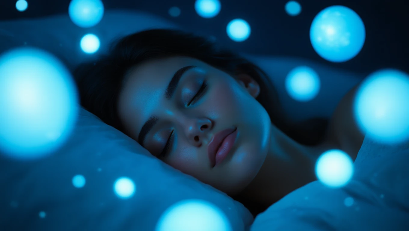 O tânără doarme liniștită, înconjurată de lumini azurii, simbolizând pacea interioară și claritatea gândurilor.