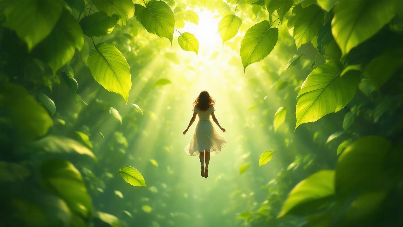 O femeie îmbrăcată în alb plutește printre frunze verzi, iluminată de razele soarelui.