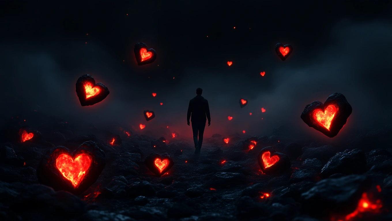 O siluetă umană se află pe un teren întunecat, înconjurată de cărbune și inimi strălucitoare, simbolizând potențialul ascuns și transformarea.