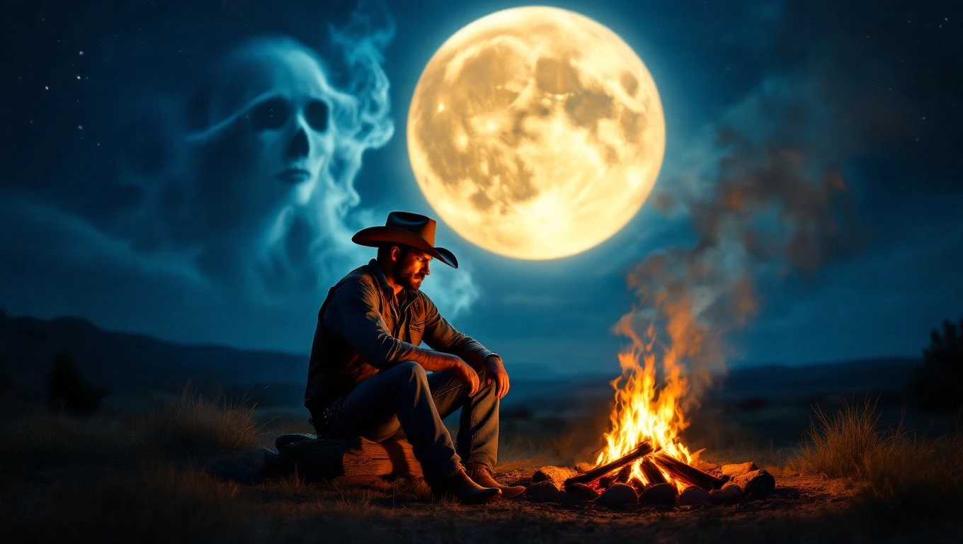 Un cowboy stă lângă un foc de tabără sub o lună plină, contemplând visurile și aventurile.