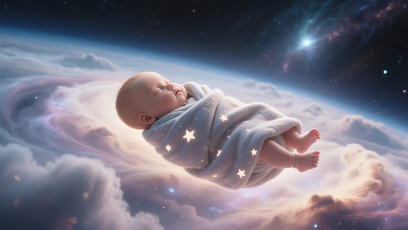 Un bebeluș adormit, înfășurat într-o pătură albă cu stele, plutind printre nori în cosmos.
