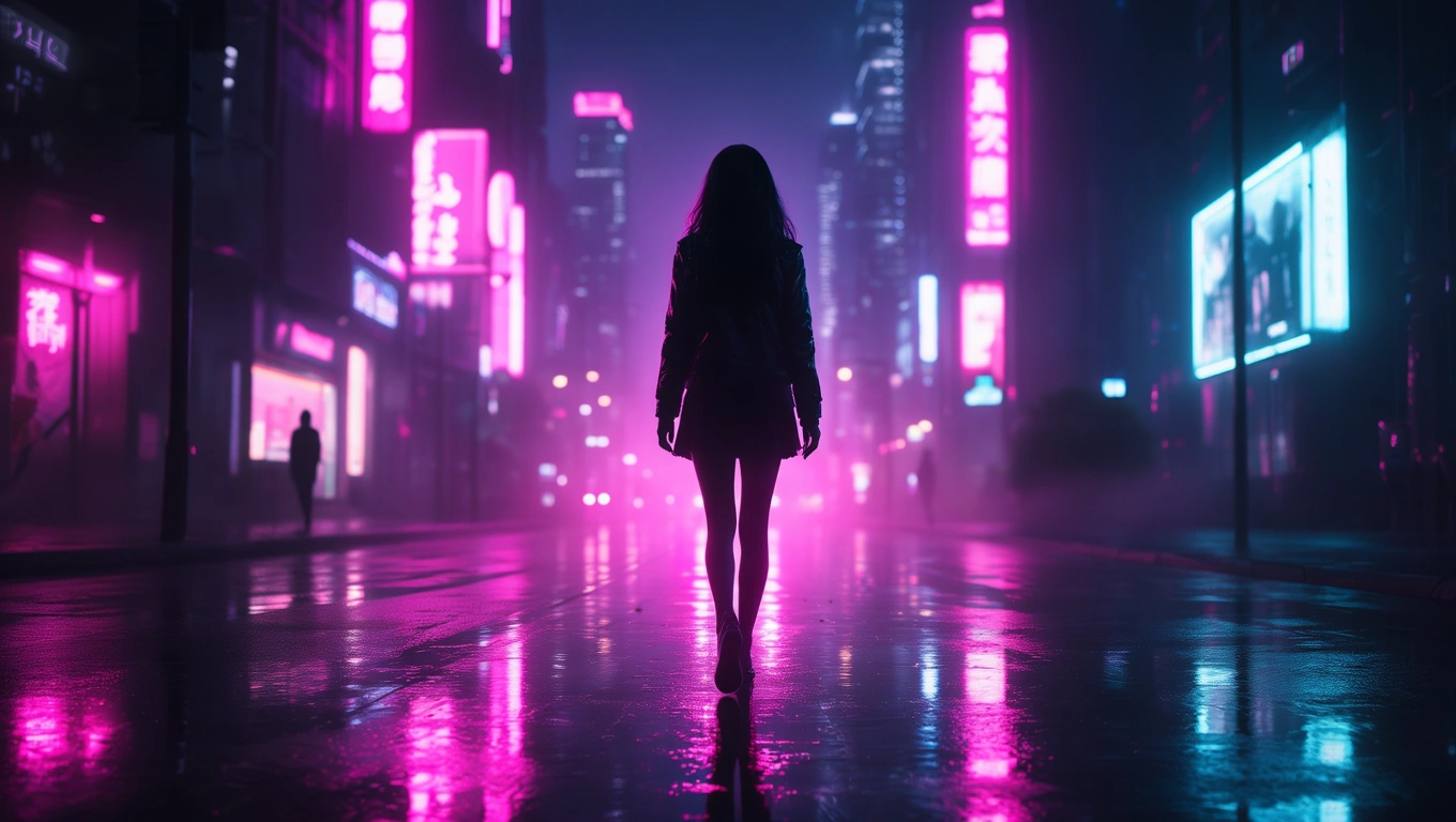 O siluetă feminină se află pe o stradă iluminată de lumini roz, reflectând dorința de conexiune și frumusețe.