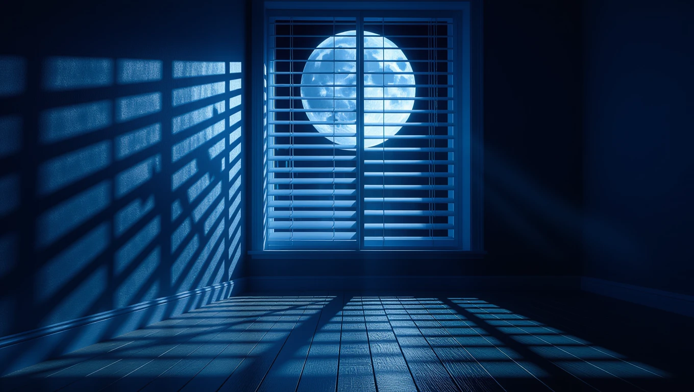 O cameră întunecată cu jaluzea, lumina lunii strălucind prin fantele acesteia.
