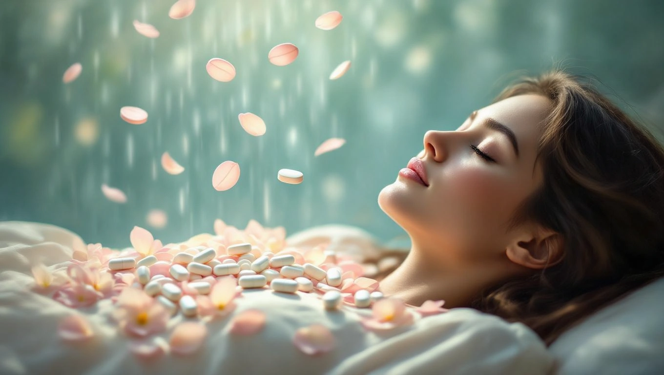 O tânără cu ochii închiși, așezată pe un pat, înconjurată de pastile și petale de flori, simbolizând căutarea echilibrului și vindecării.