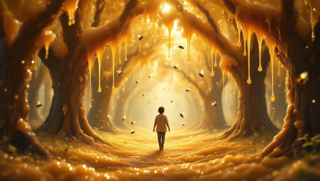 Un copil plimbându-se printr-o pădure de copaci acoperiți cu miere, cu raze de soare strălucind printre crengi.