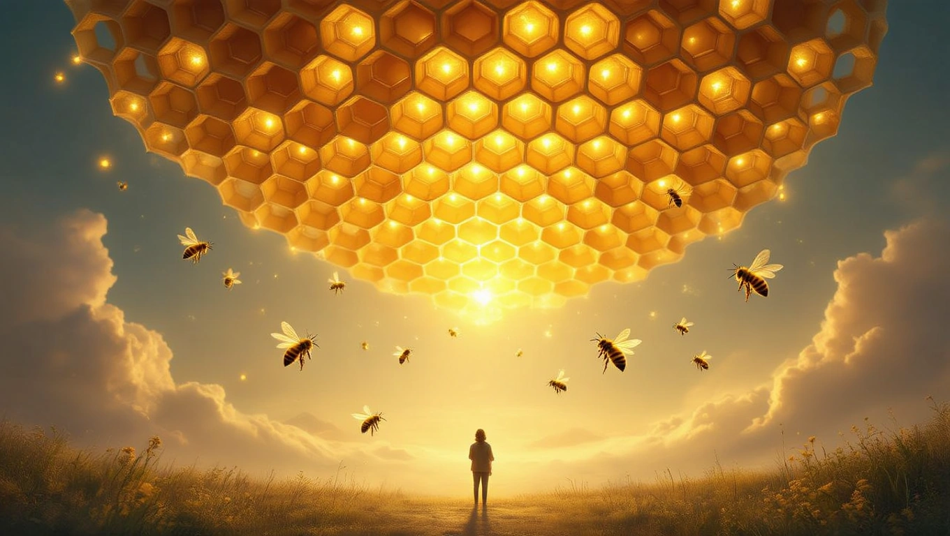 O fetiță stă sub un stup uriaș, admirând albinele care zboară în jurul ei, simbolizând bogăția și fericirea.