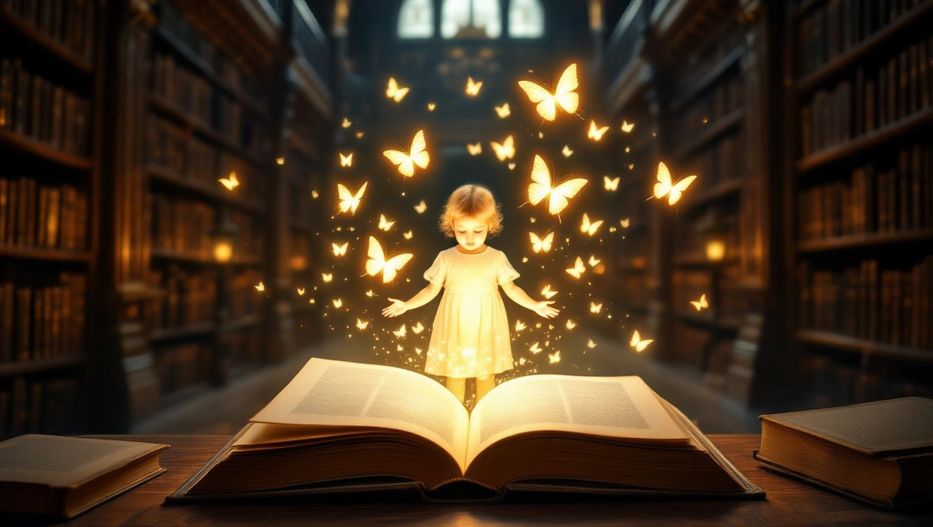 O fetiță stă în fața unei cărți deschise, înconjurată de fluturi strălucitori, simbolizând imaginația și bucuria viselor.