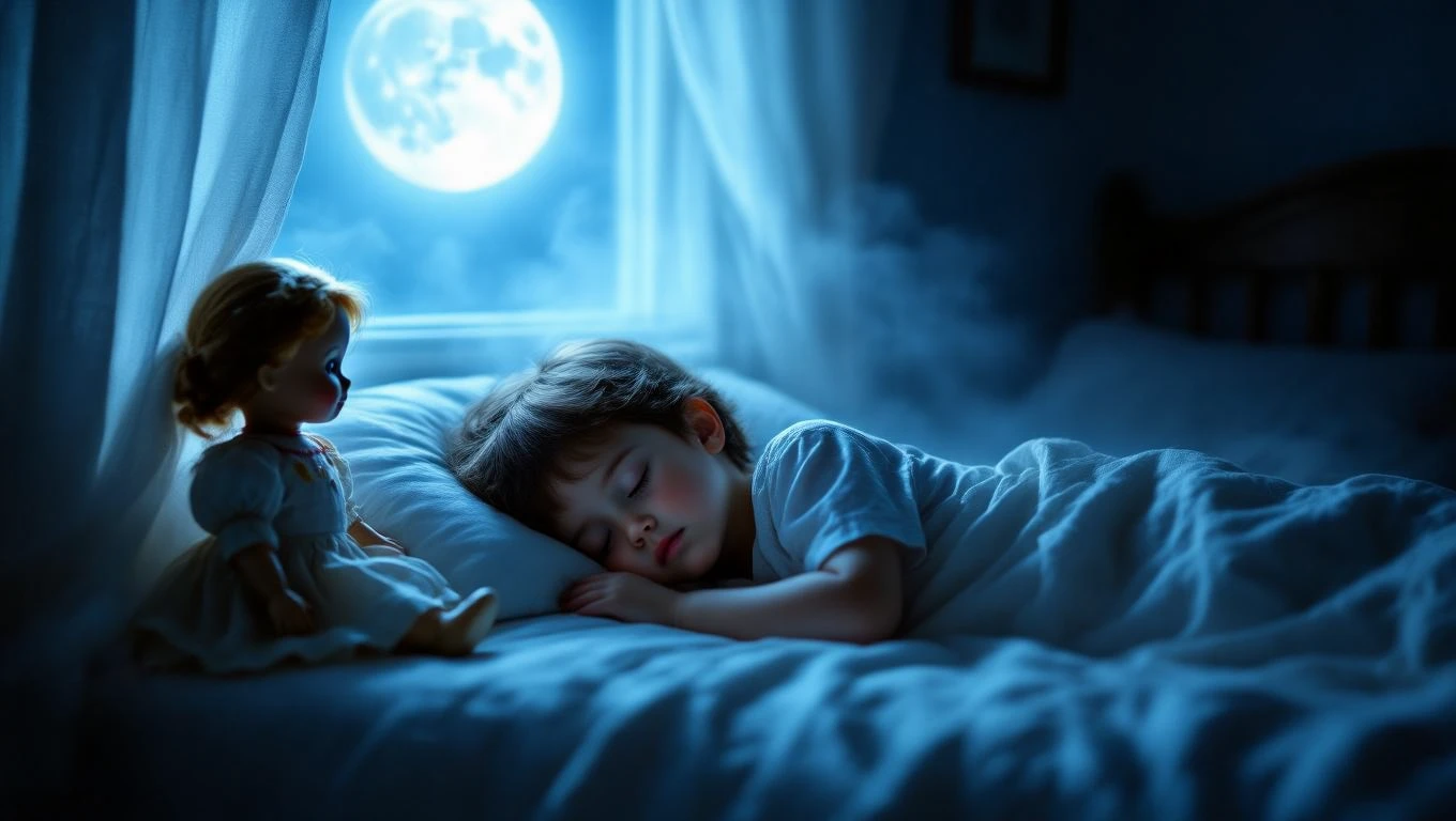 Un copil doarme liniștit în pat, alături de o păpușă, sub lumina lunii.