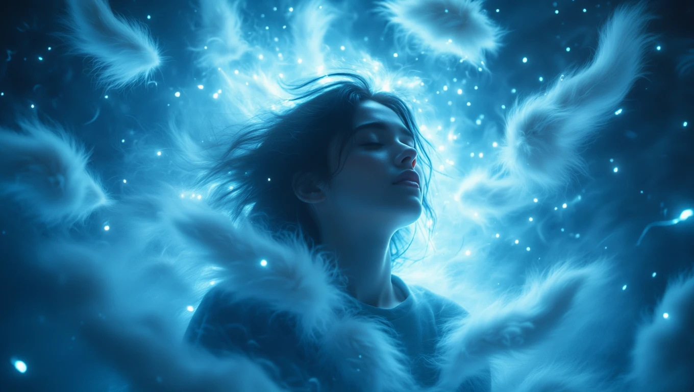 O femeie cu ochii închiși, înconjurată de păr de câine alb, într-un mediu oniric și luminos.