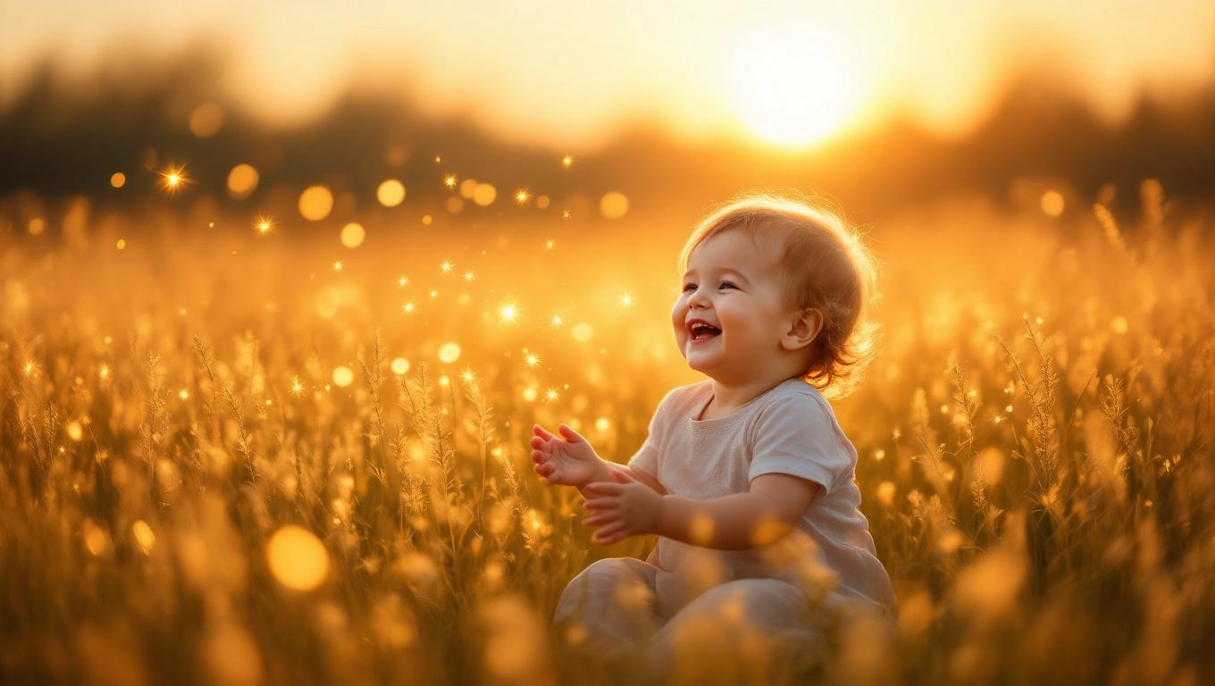 Un copil zâmbitor, jucându-se într-un câmp de iarbă aurie, sub razele soarelui.