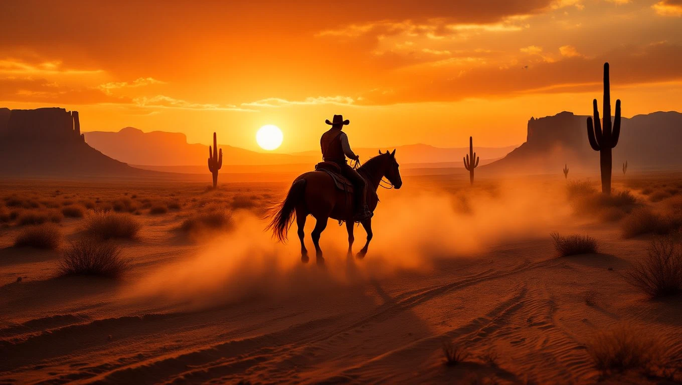 Un călăreț solitar pe un cal, traversând un peisaj deșertic la apus, cu cactuși în fundal.