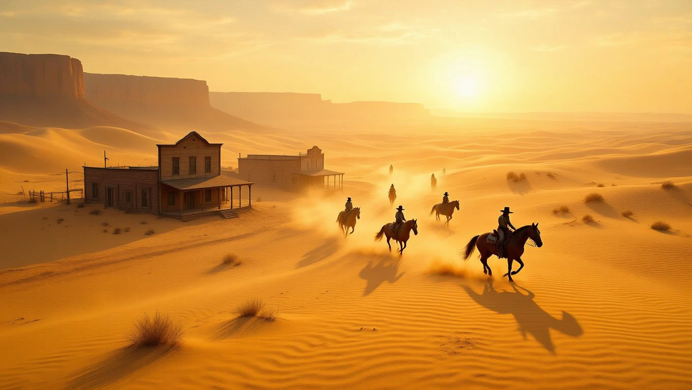 Peisaj din Vestul Sălbatic cu cowboys călărind prin dunele de nisip la apus.