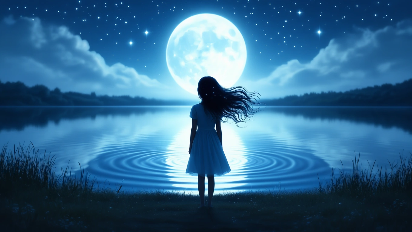 O fetiță cu părul lung, îmbrăcată în alb, stă pe malul unui lac sub lumina lunii pline, contemplând reflexia acesteia în apă.