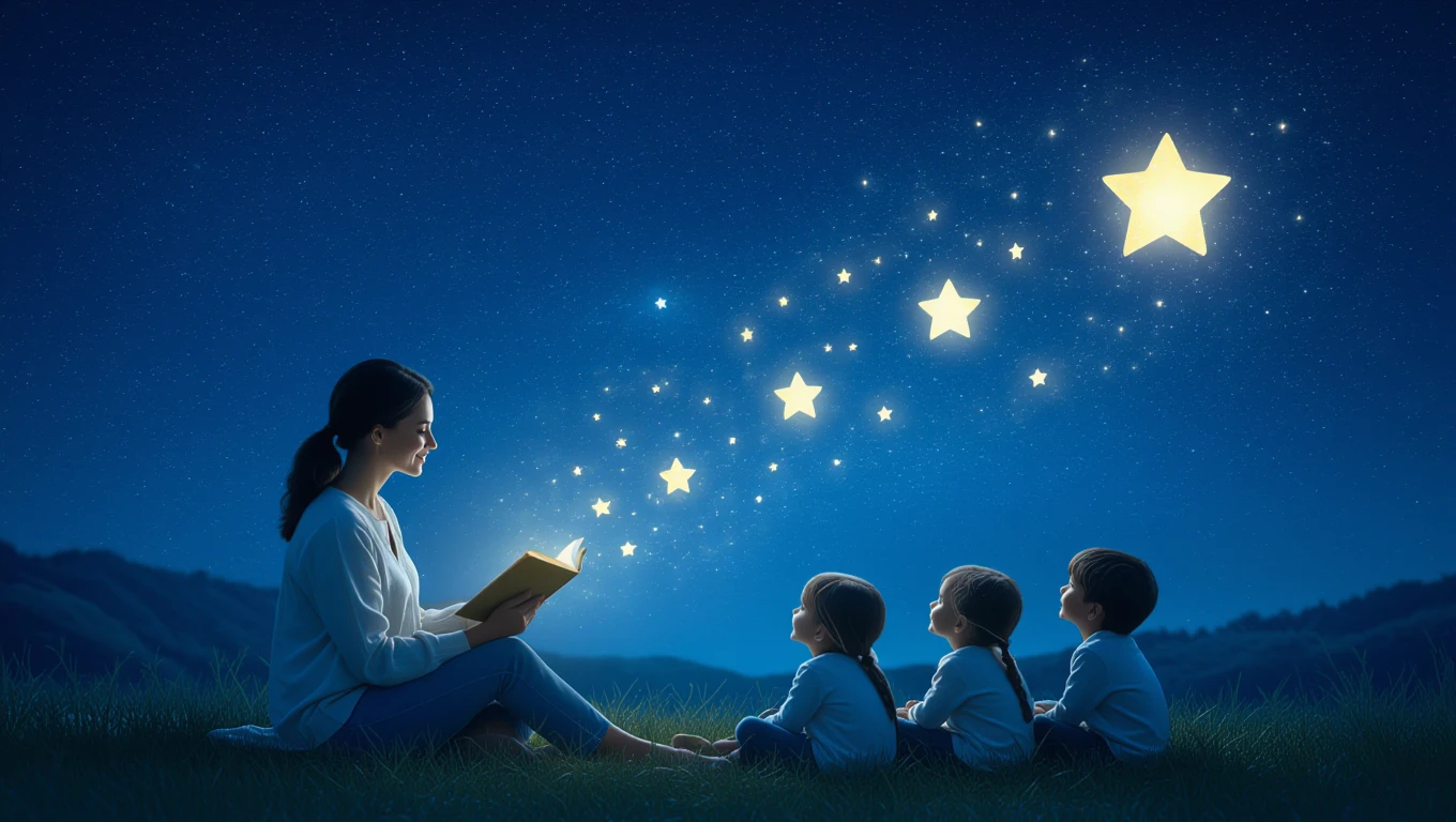 O femeie citește o poveste copiilor sub cerul înstelat, simbolizând creativitatea și inocența copilăriei.