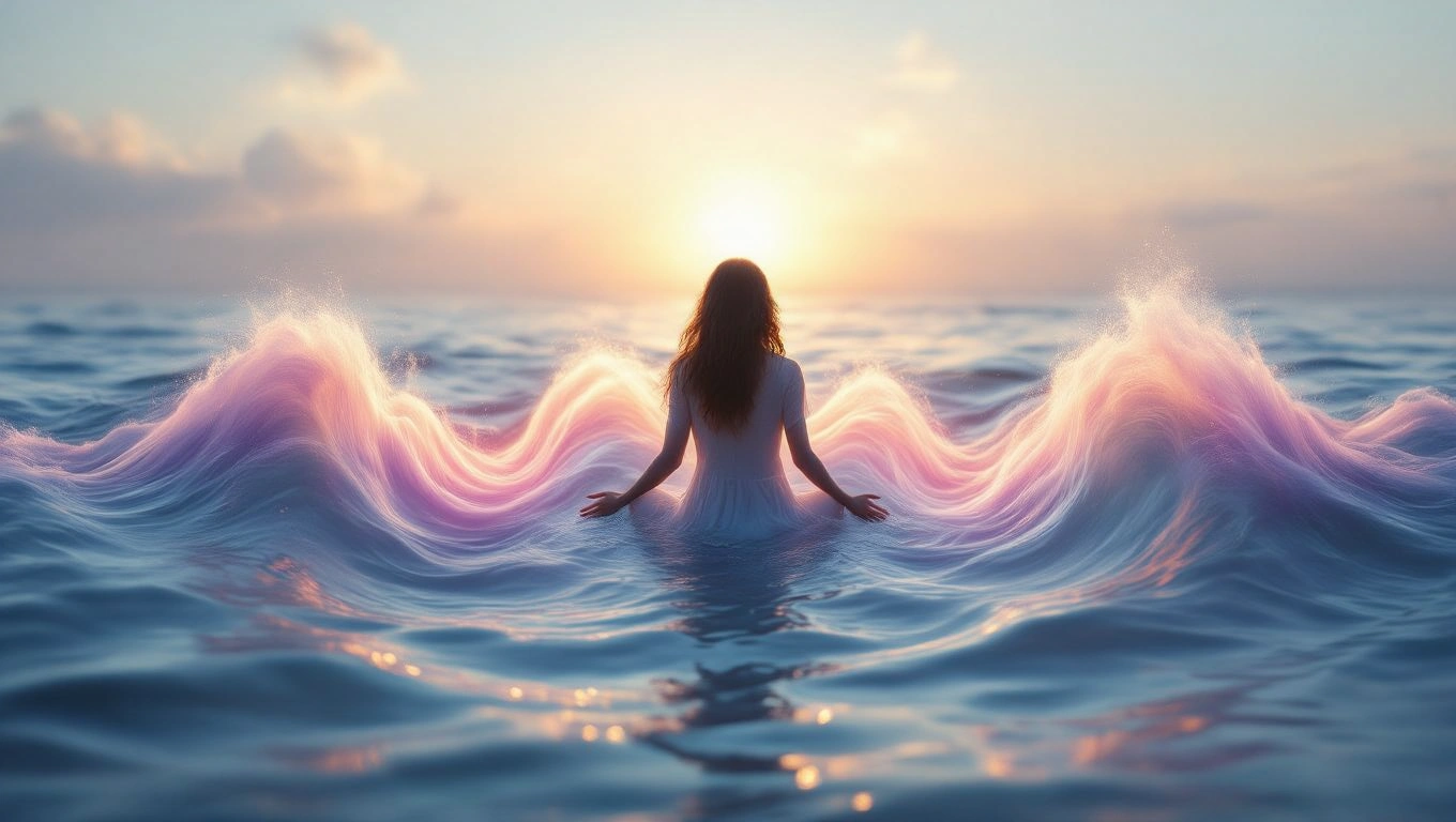 O femeie stă în apă, înconjurată de valuri colorate, simbolizând armonia și creativitatea viselor legate de muzică.