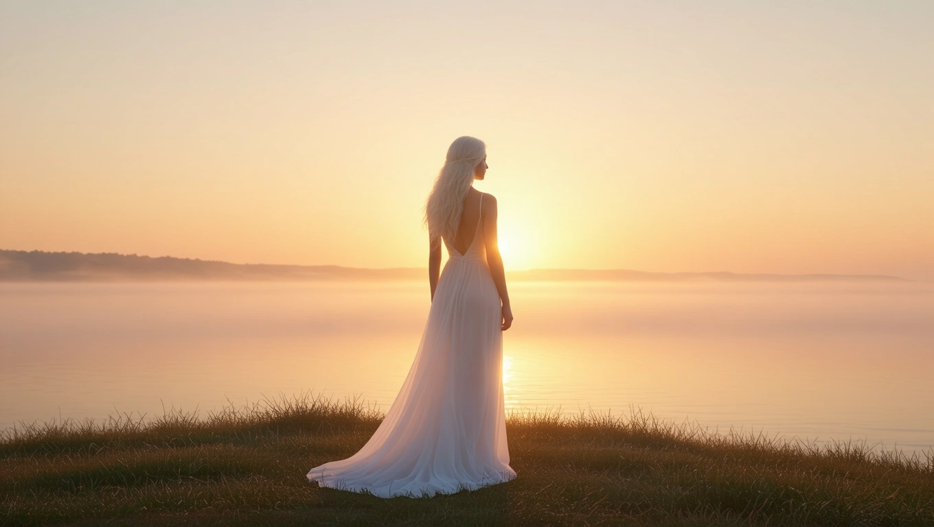 O femeie blondă, îmbrăcată într-o rochie albă, contemplând apusul pe malul unui lac liniștit.