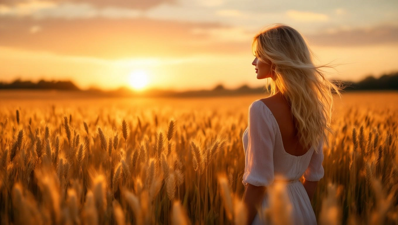 O femeie blondă stă într-un câmp de grâu, admirând apusul soarelui, simbolizând începuturi noi și inspirație.