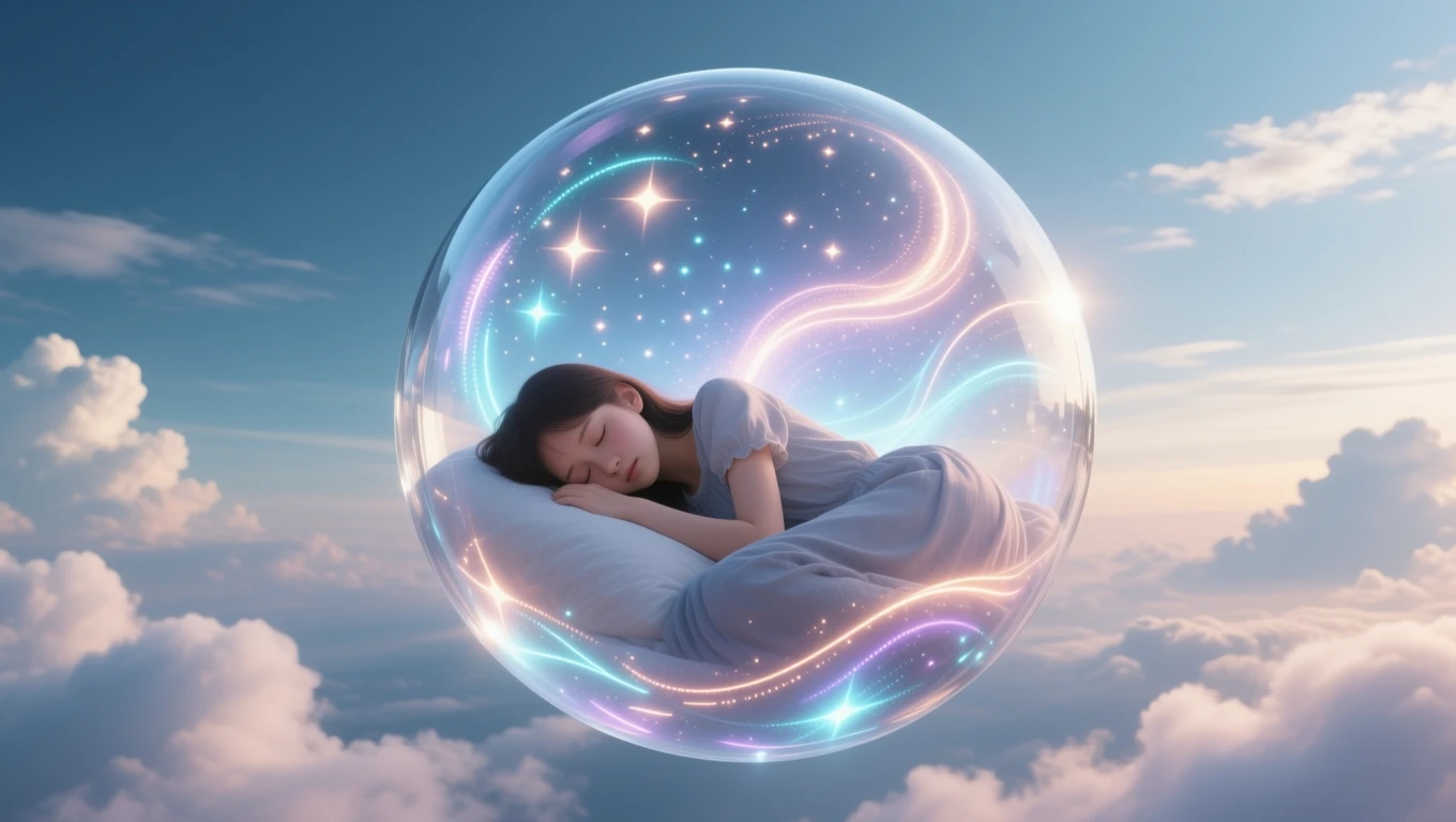 O fetiță doarme liniștită într-o sferă strălucitoare, înconjurată de nori.