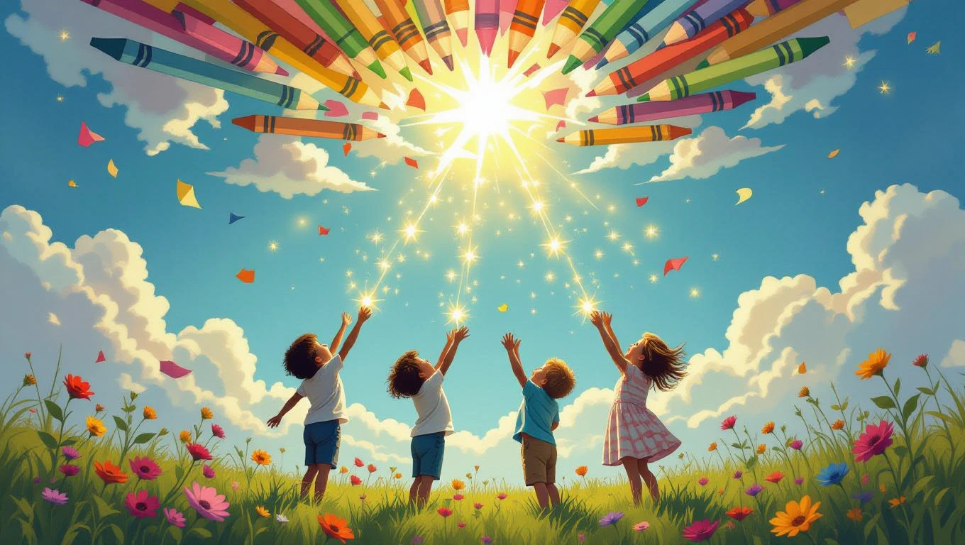 Patru copii se bucură sub un cer senin, ridicând mâinile spre cer, înconjurați de flori colorate și creioane uriașe care strălucesc.