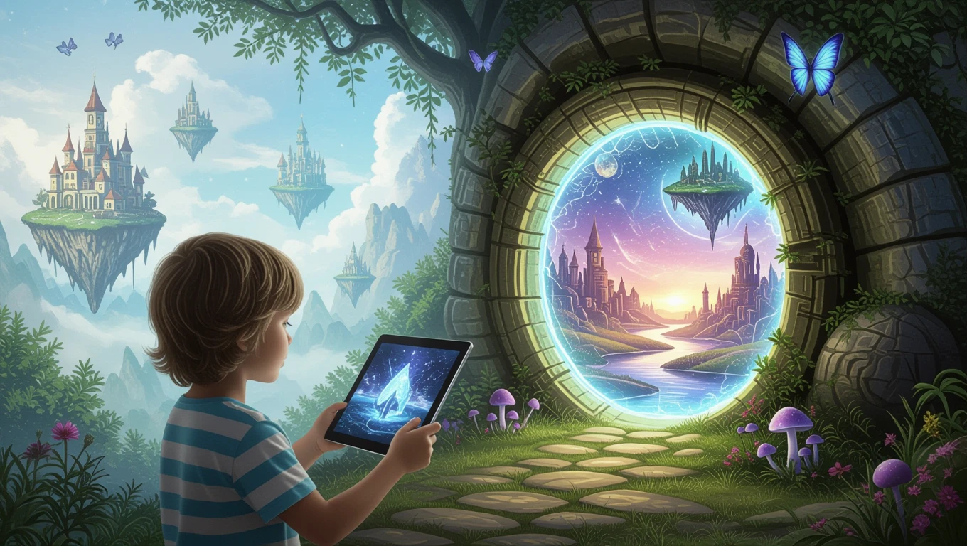 Un băiat cu o tabletă în mână, admirând un peisaj fantastic printr-un portal luminos, simbolizând explorarea și cunoașterea.