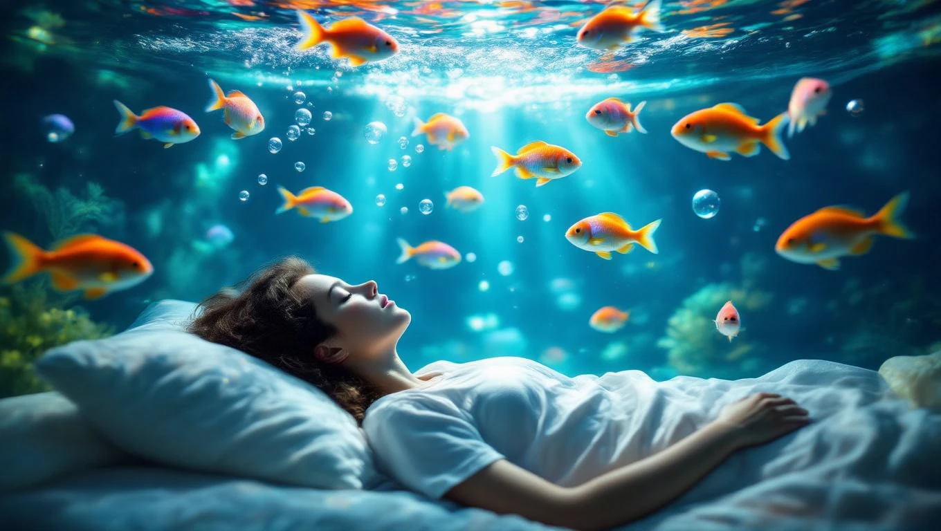 O femeie doarme liniștită în apă, înconjurată de pești colorați, simbolizând introspecția și explorarea emoțiilor.