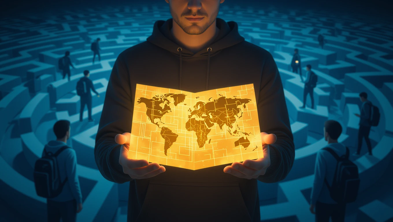 Un bărbat ține o hartă luminoasă a lumii, înconjurat de un labirint și oameni, simbolizând oportunități și încredere în vis.