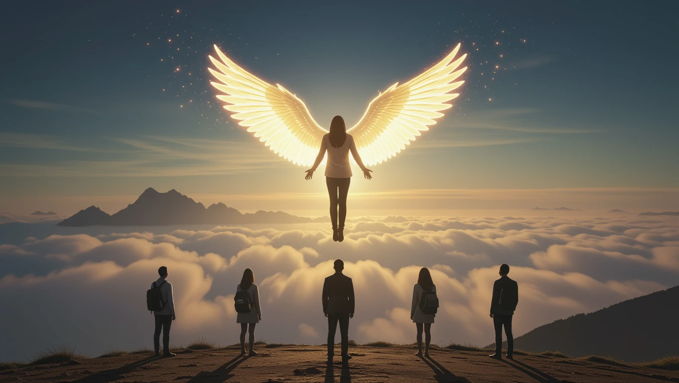 O femeie cu aripi strălucitoare plutește deasupra norilor, simbolizând oportunități și încredere în vis.