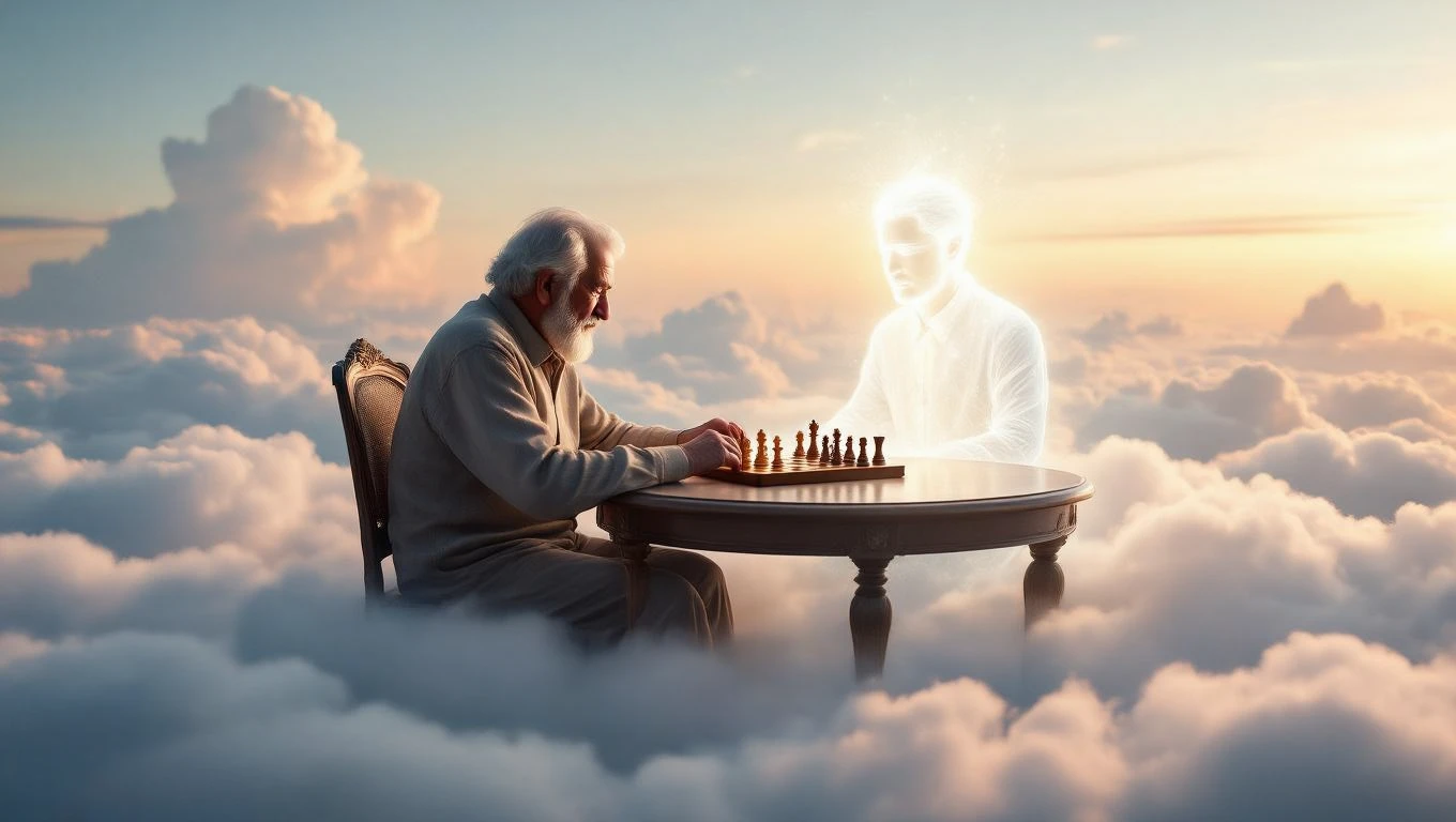 Un bătrân joacă șah cu o figură etereală pe un nor, simbolizând înțelepciunea și reflecția asupra vieții.